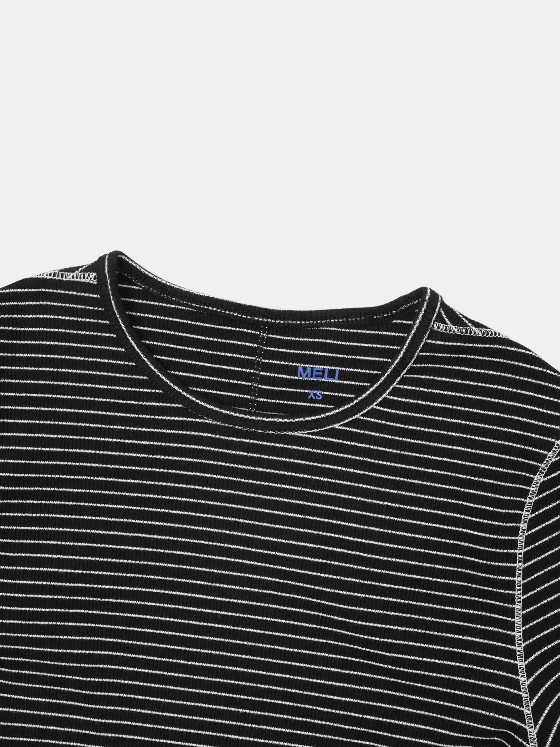 Striped Cross Stitch T-Shirt-Black-3