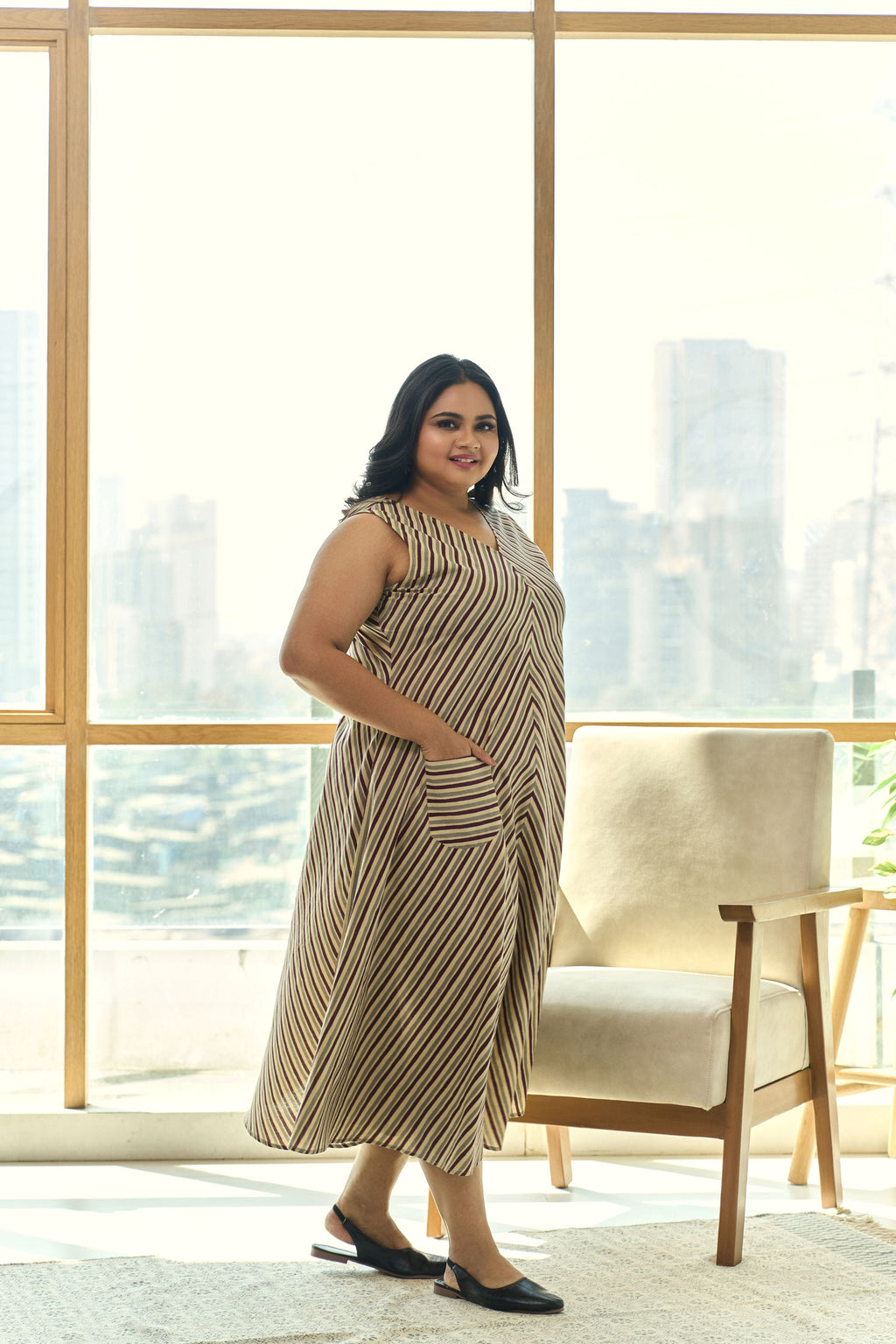Trendy Striped A-line Cotton Mocha Maxi Dress with Pockets