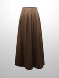 Gathered Waist Linen Skirt-Brown-0