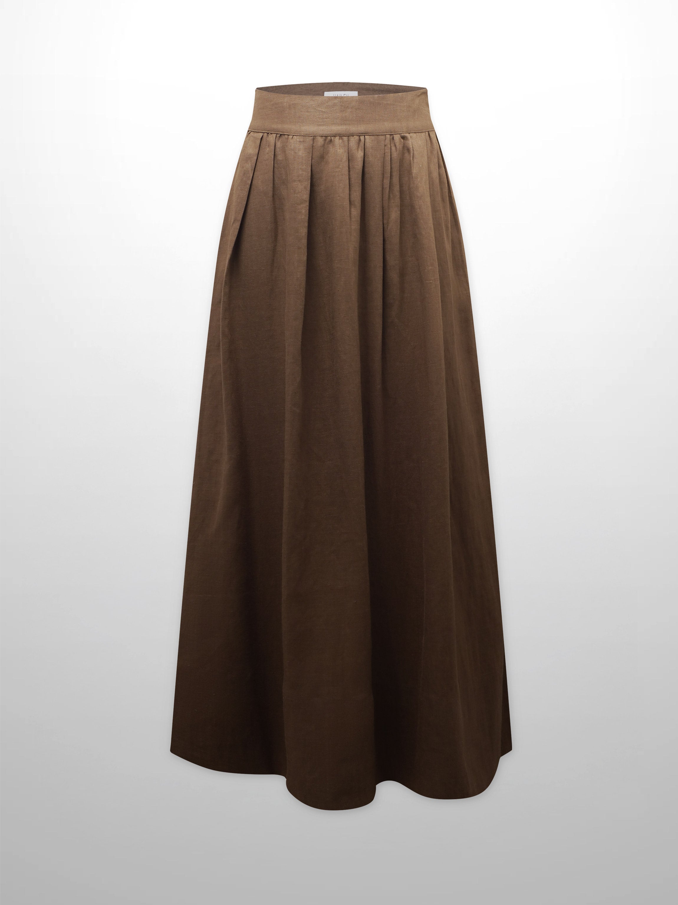 Gathered Waist Linen Skirt-Brown-0