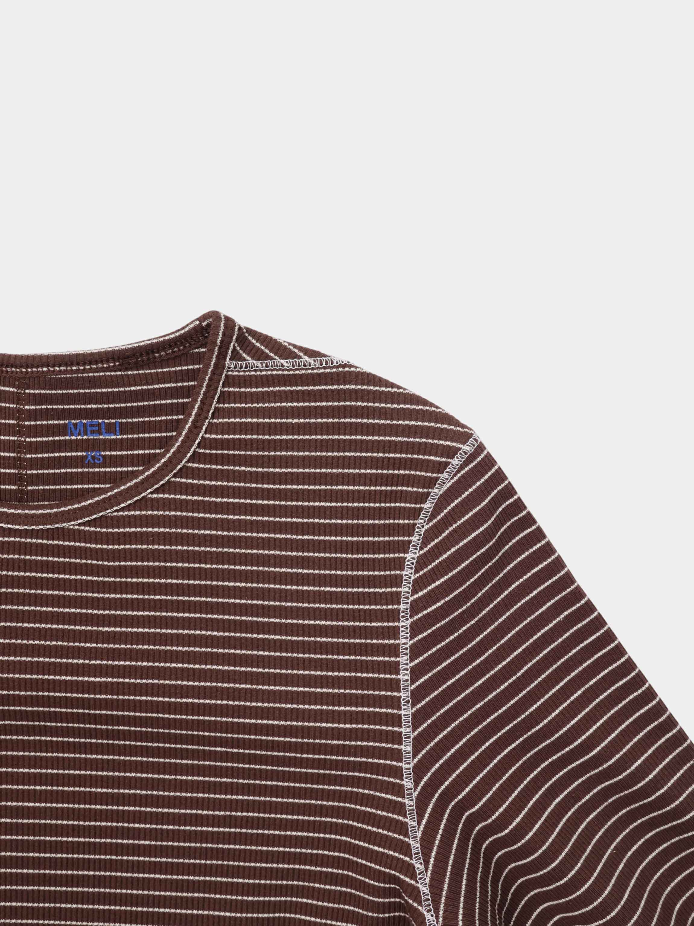 Striped Cross Stitch T-Shirt-Brown-4
