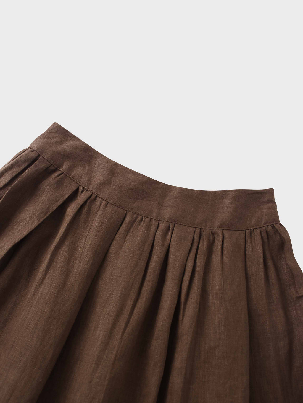 Gathered Waist Linen Skirt-Brown-2