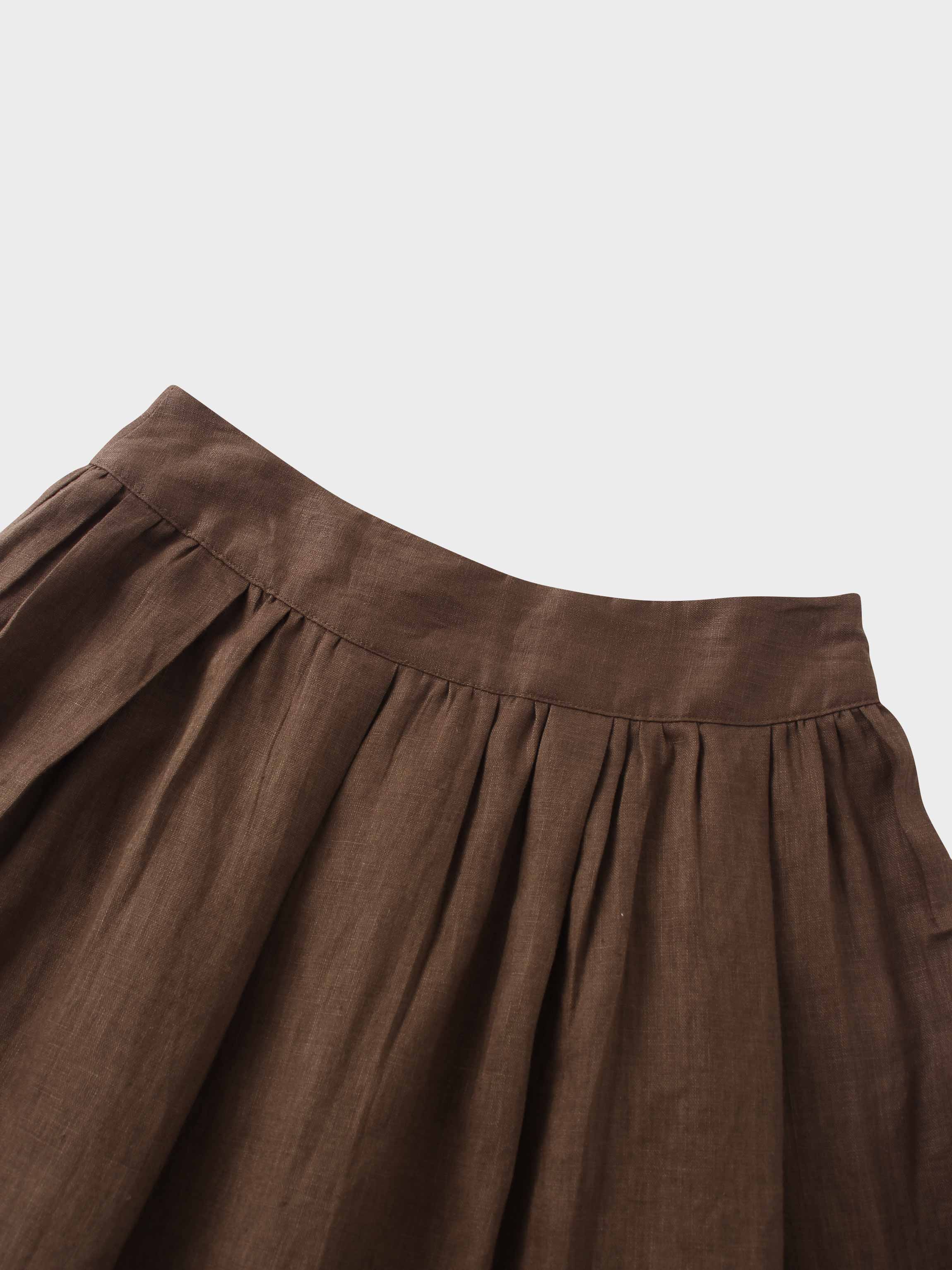 Gathered Waist Linen Skirt-Brown-2