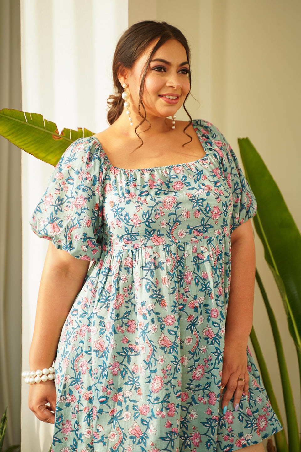 Candy Crush Short Cotton Floral Printed Square Neck Doll Dress