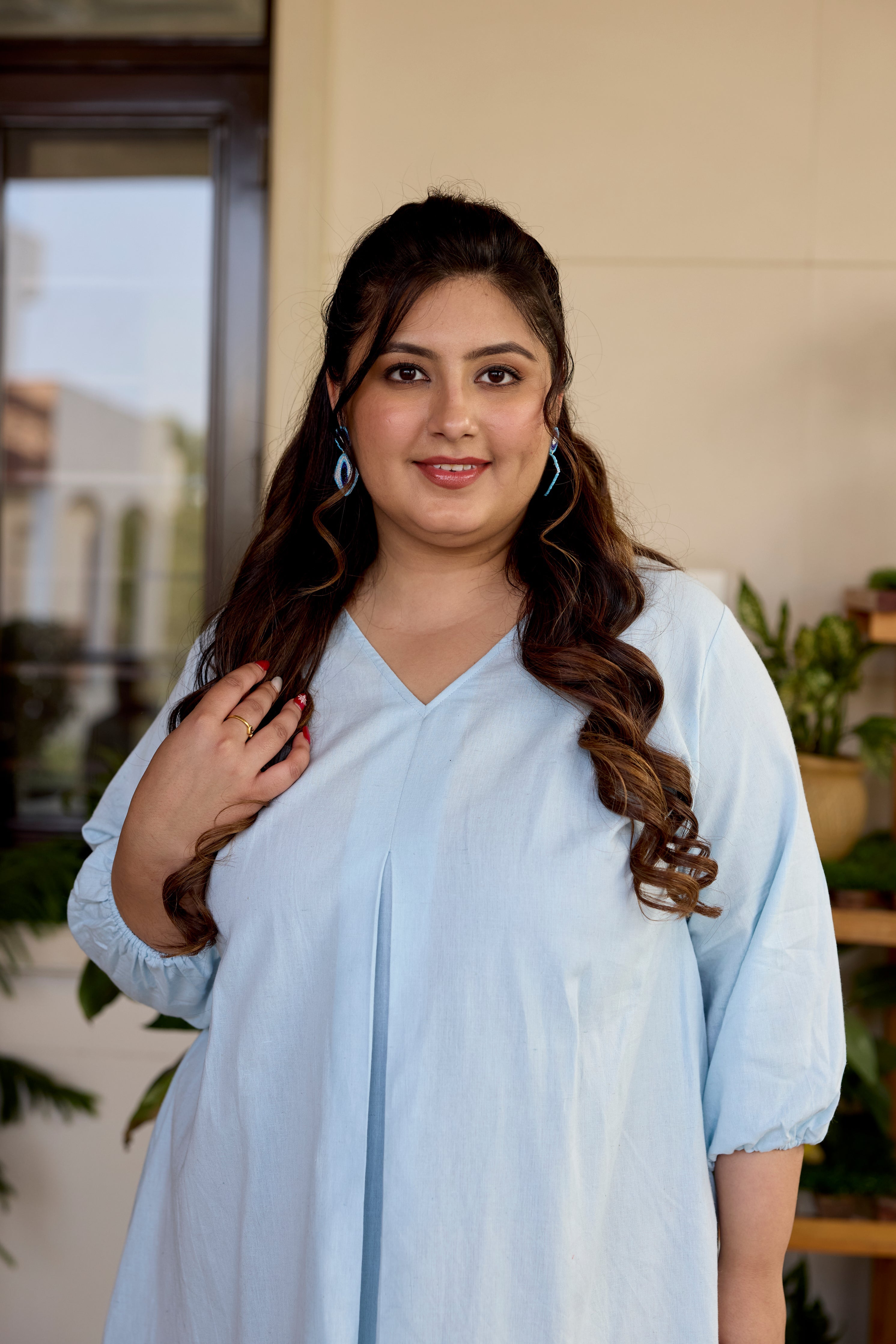 Regular Powder Blue Short Linen Dress