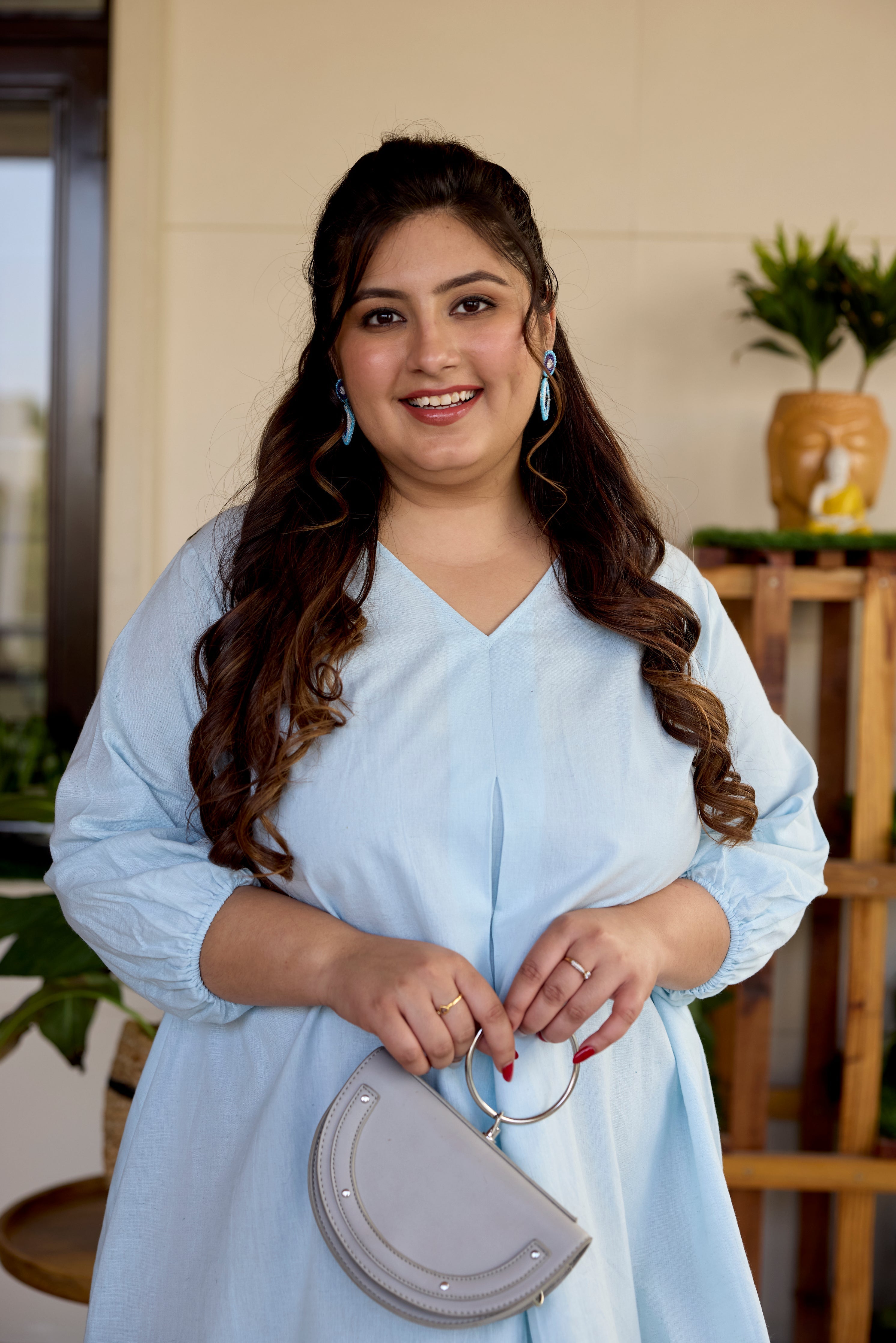 Regular Powder Blue Short Linen Dress