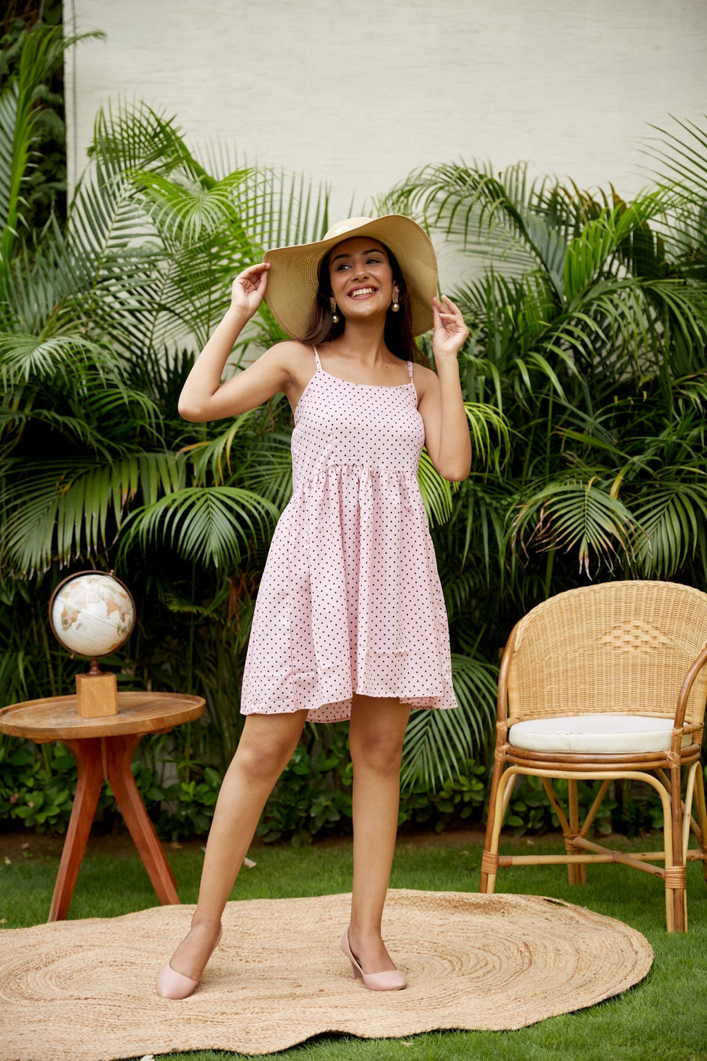 Regular Cotton Baby Pink V Neck Polka Dot Dress