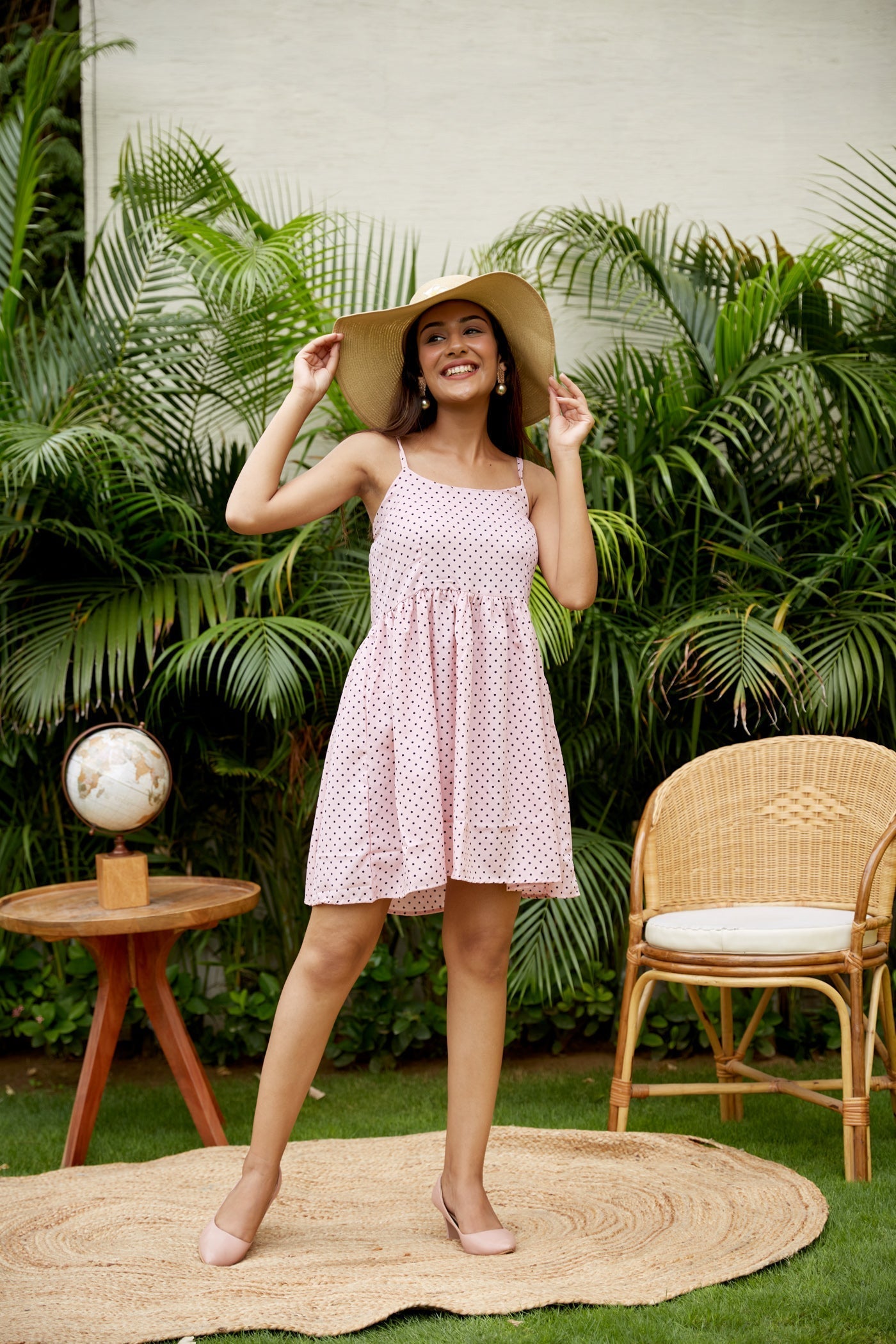 Regular Cotton Baby Pink V Neck Polka Dot Dress