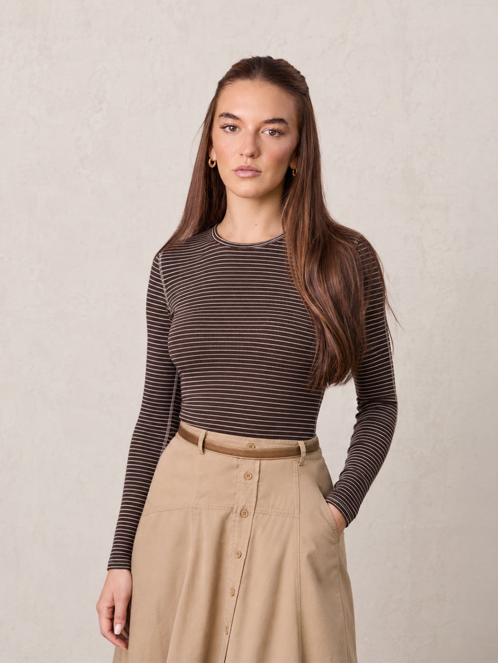 Striped Cross Stitch T-Shirt-Brown-0