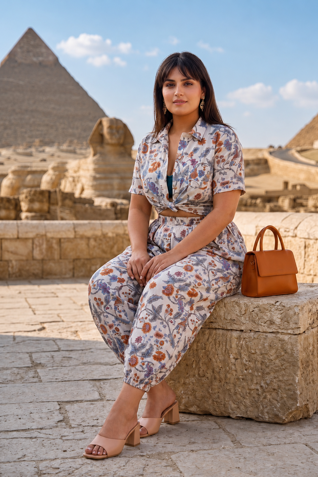 Ivory Floral Print Cotton Co-Ord Set | Shirt Crop Top & Harem Pants Set