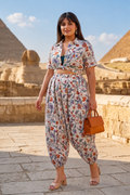 Ivory Floral Print Cotton Co-Ord Set | Shirt Crop Top & Harem Pants Set