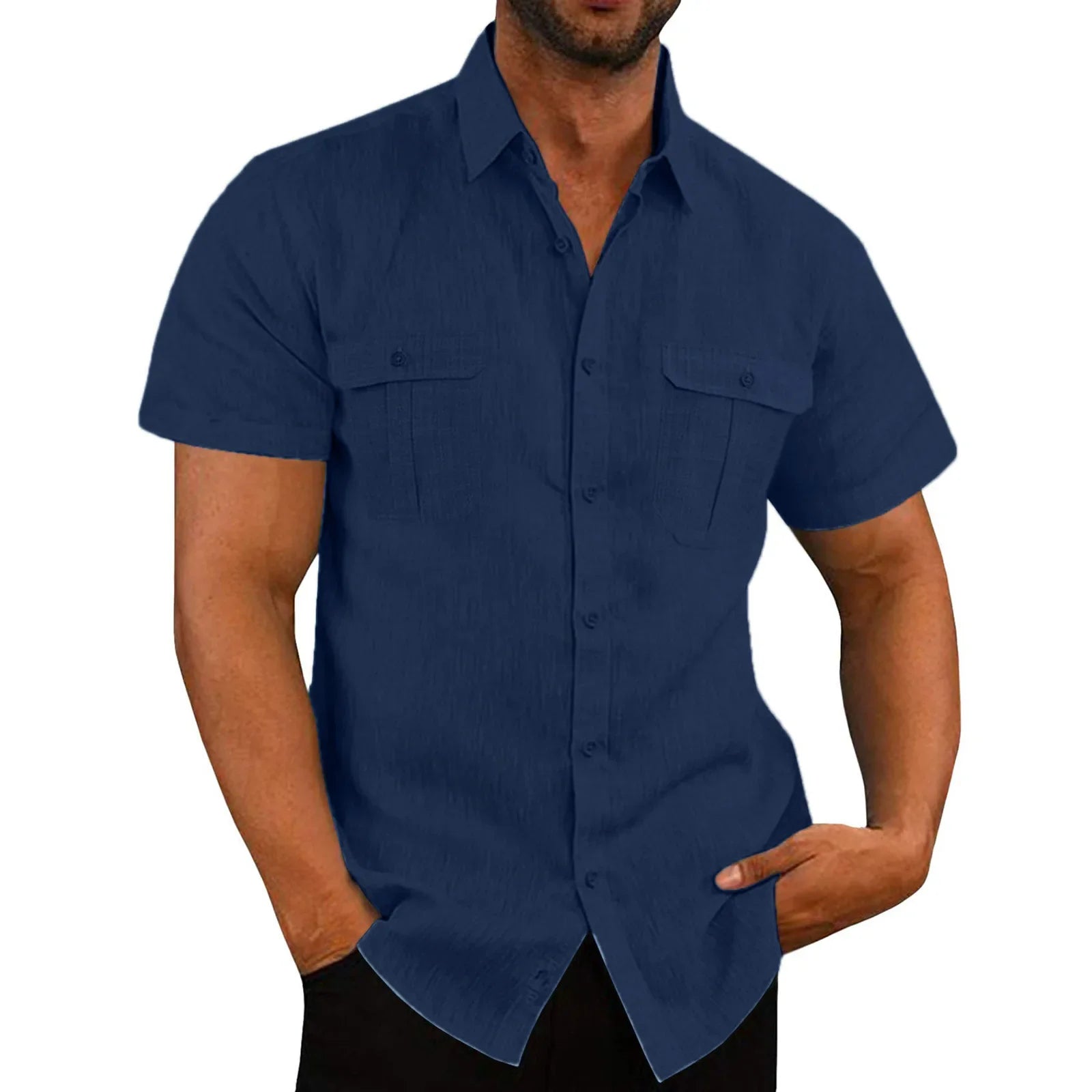 Cotton Linen Hot Sale Men Short-Sleeved Shirts Summer Solid Color Stand-Up Collar Casual Beach Style Plus SizeMale Shirts M-5XL