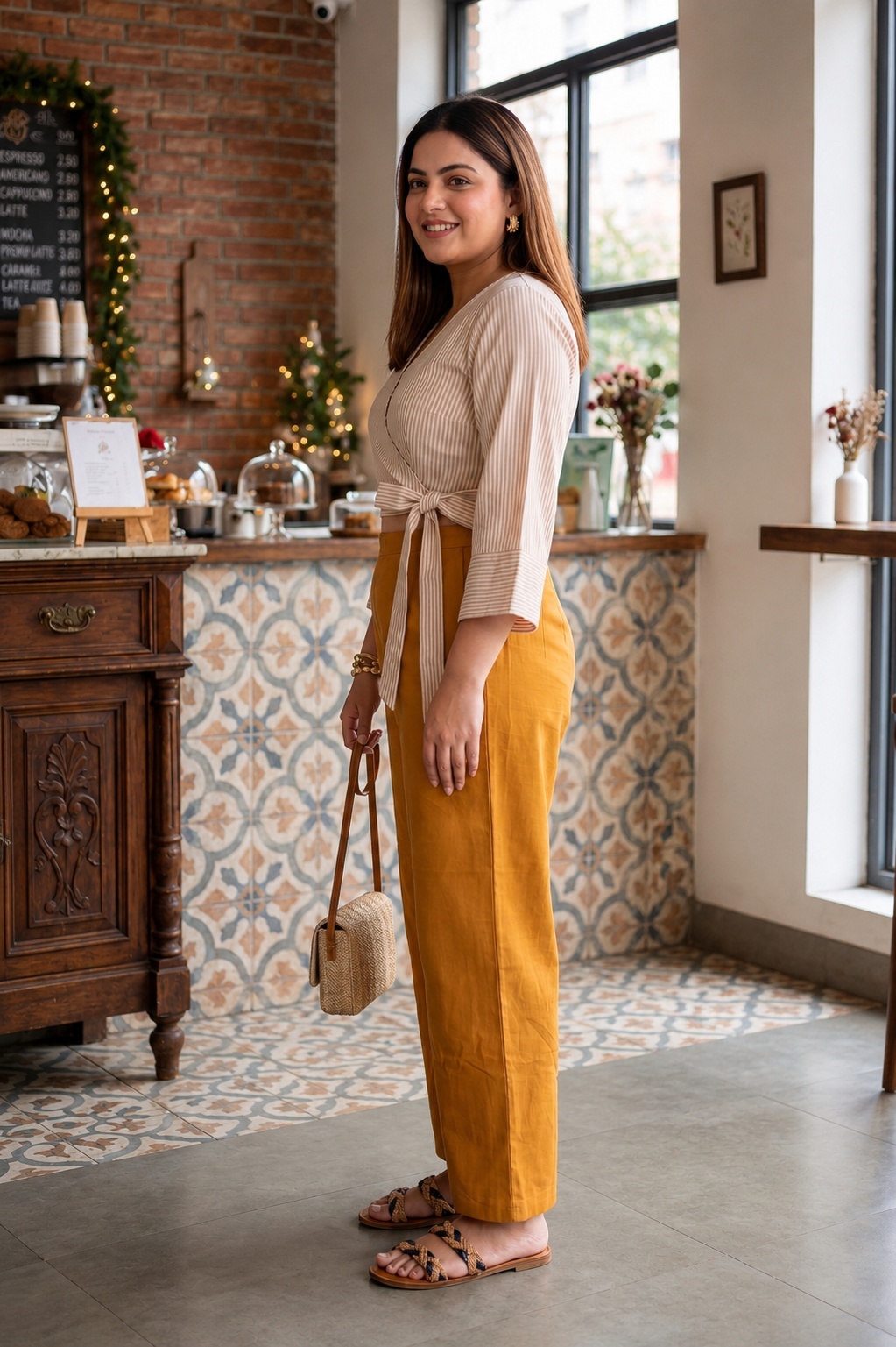 Beige Stripe Cotton Wrap Crop Top & Mustard Wide Leg Pants Co-ord Set