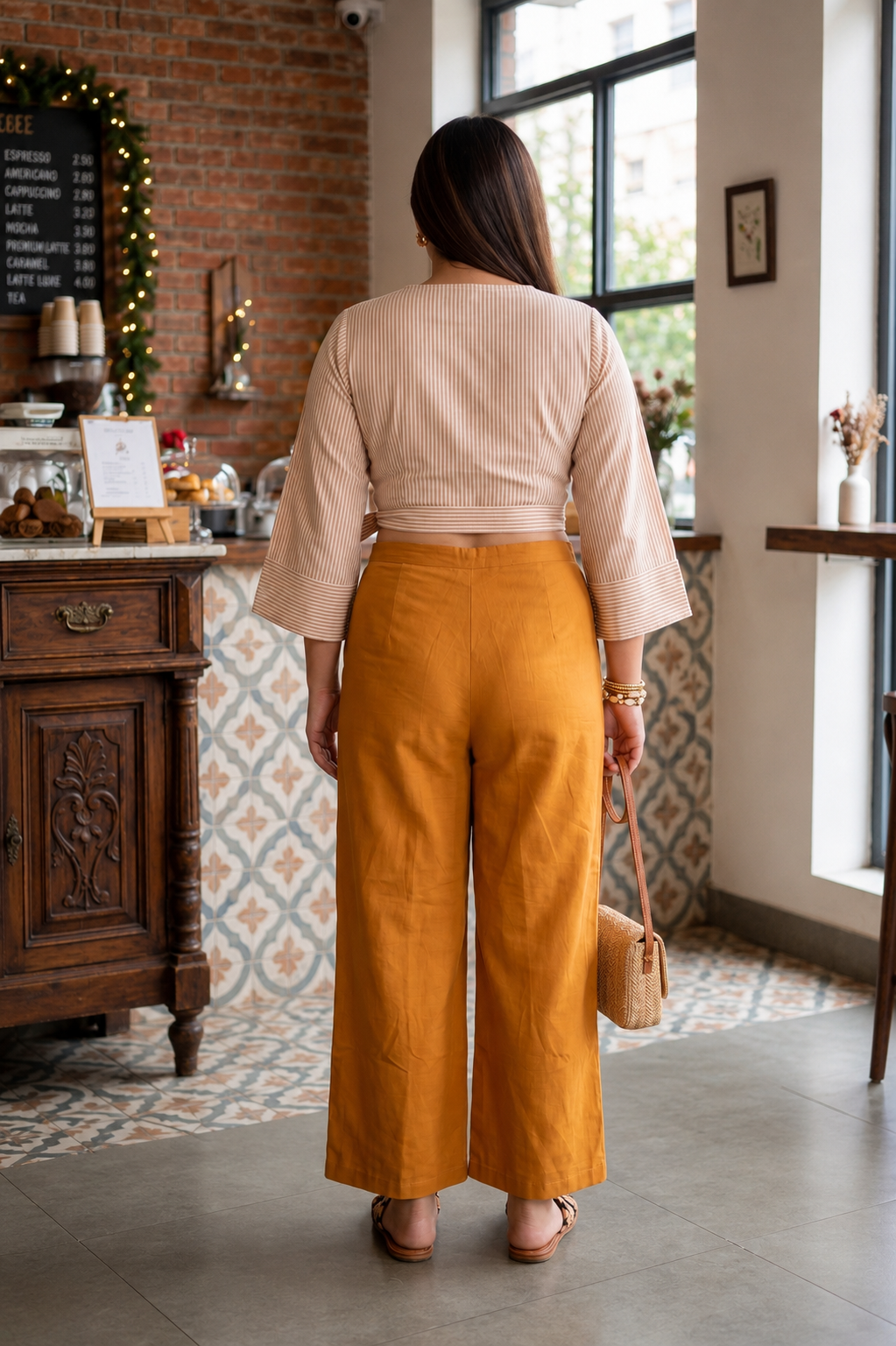 Beige Stripe Cotton Wrap Crop Top & Mustard Wide Leg Pants Co-ord Set