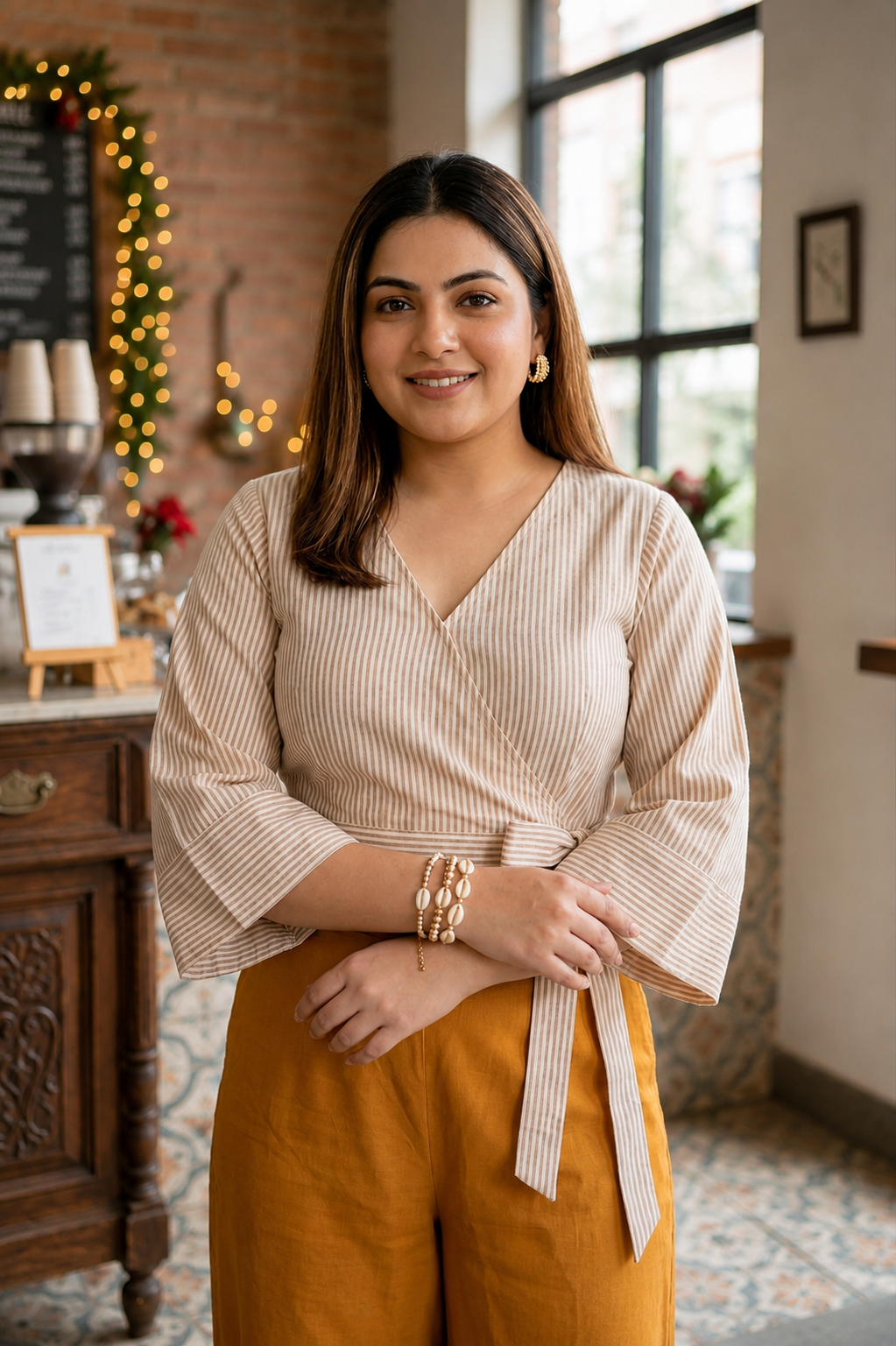 Beige Stripe Cotton Wrap Crop Top & Mustard Wide Leg Pants Co-ord Set