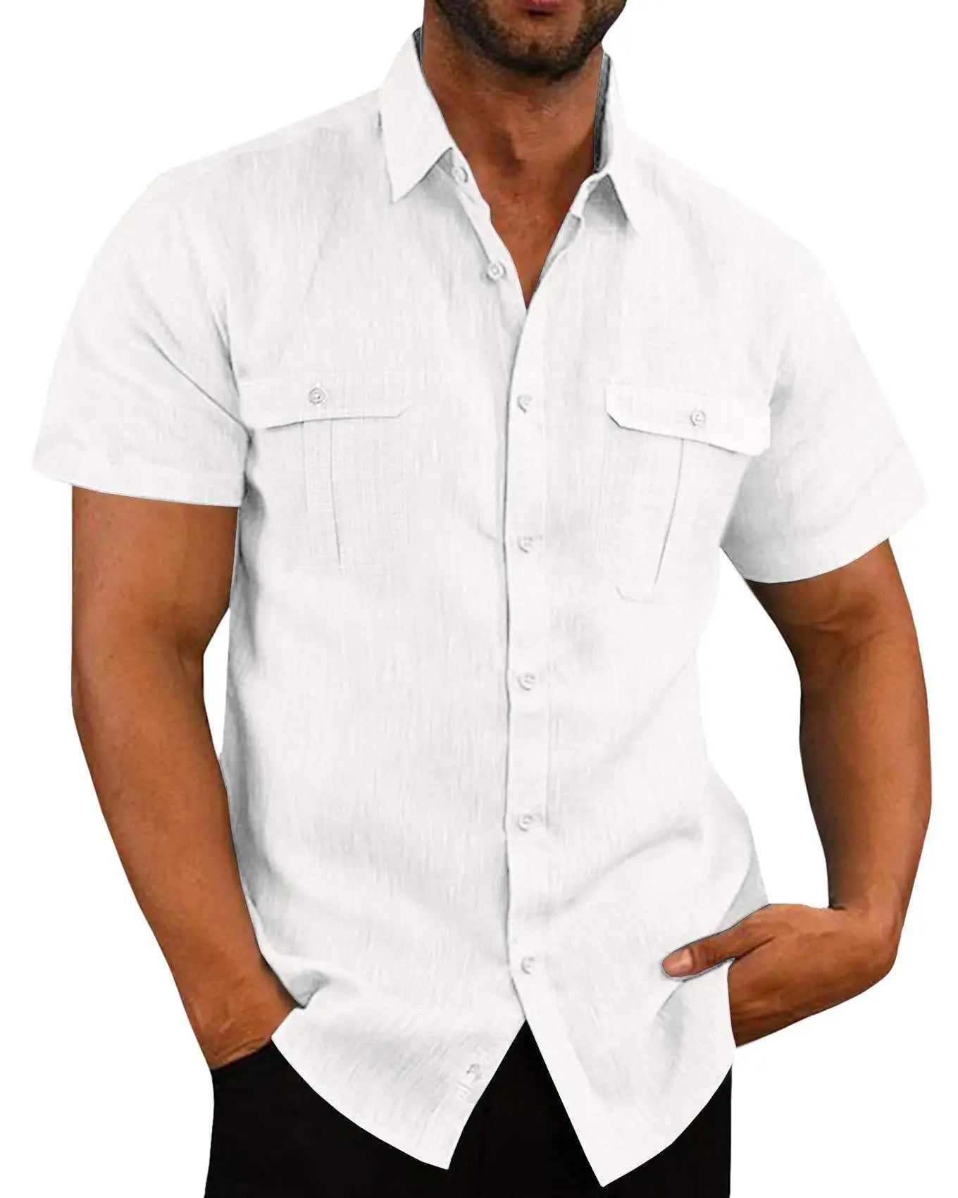 Cotton Linen Hot Sale Men Short-Sleeved Shirts Summer Solid Color Stand-Up Collar Casual Beach Style Plus SizeMale Shirts M-5XL